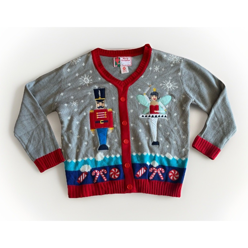 Merry Christmas Sweater  Faux Button Size M Ugly Christmas‎ Sweater Nutcracker